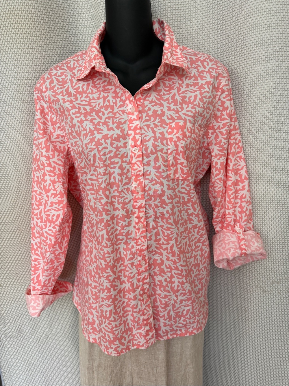 croft & barrow Coral and White Printed Button-Down Shirt